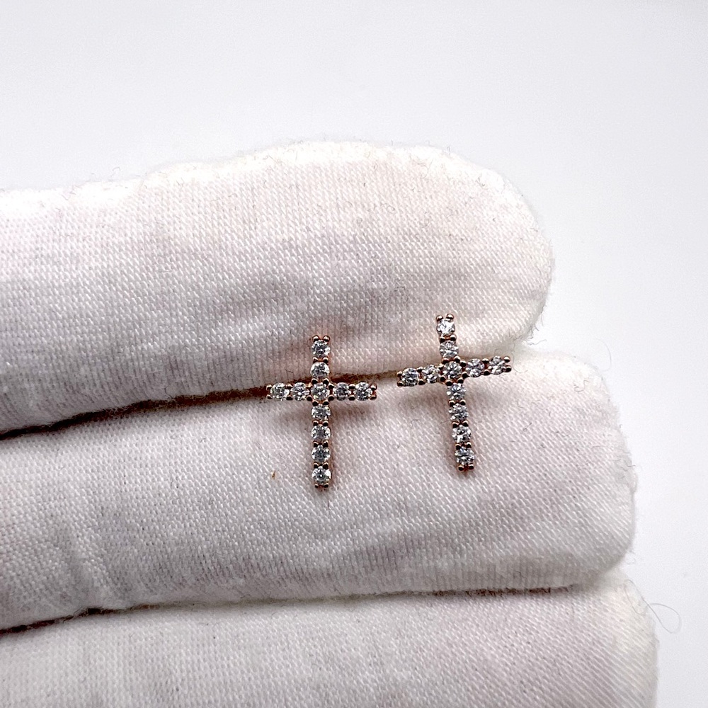 Rose GP/Sterling Silver Cz Cross Post Earrings - Picture 2 of 16